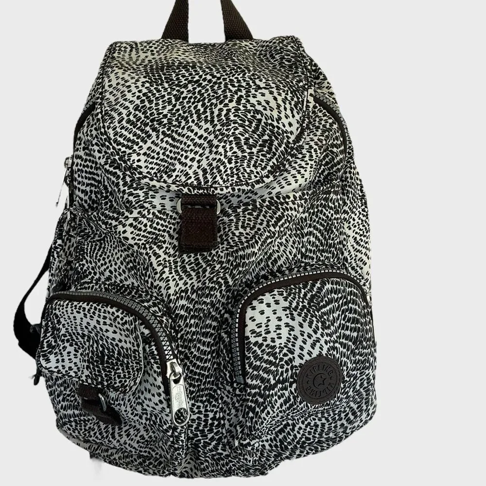 Kipling Firefly Small Backpack Gray Leopard Print Nylon Travel Bag